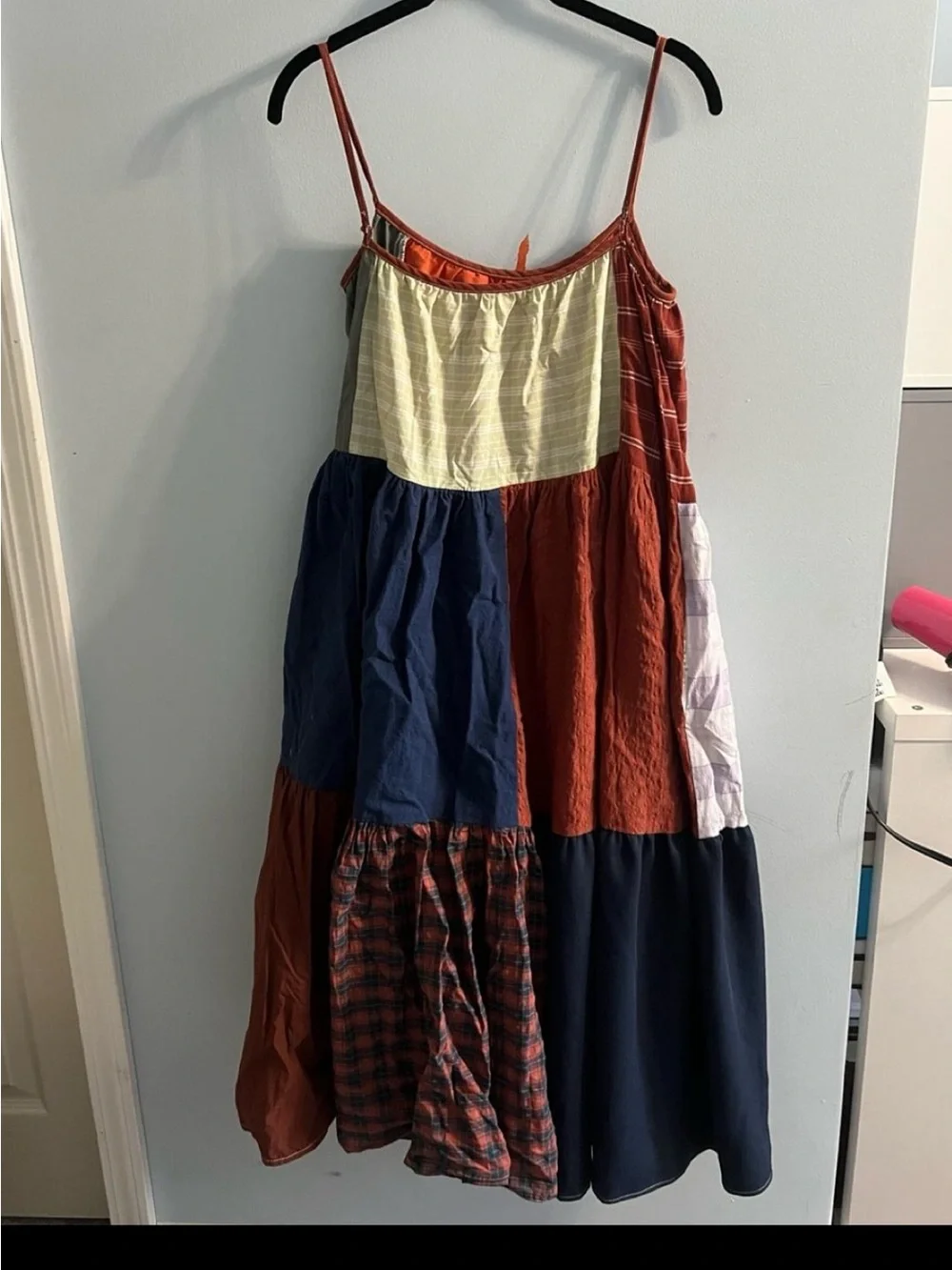Le Reunion Patchwork Spaghetti-Strap Maxi Dress in Rust, Navy & Cream - Picture 1 of 2